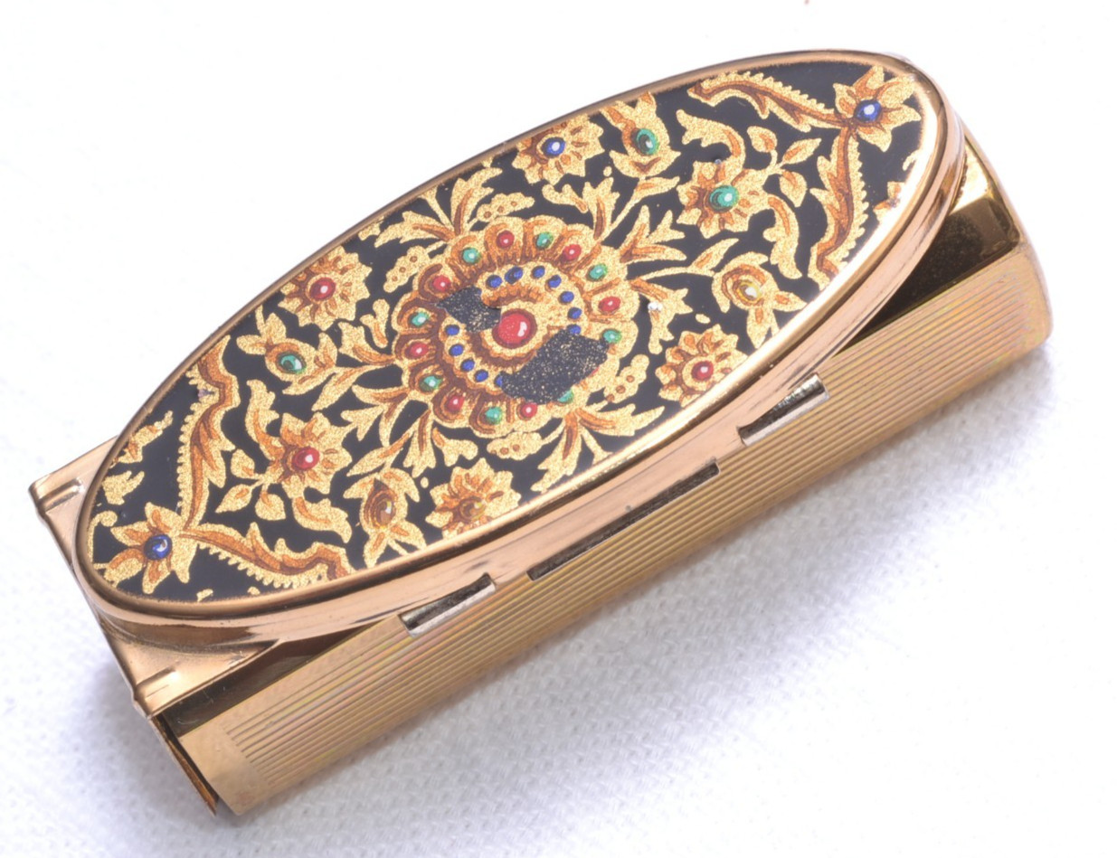 Stratton England Compact Mirror & Lipstick Holder Gold Tone Floral Fiip VTG 60s