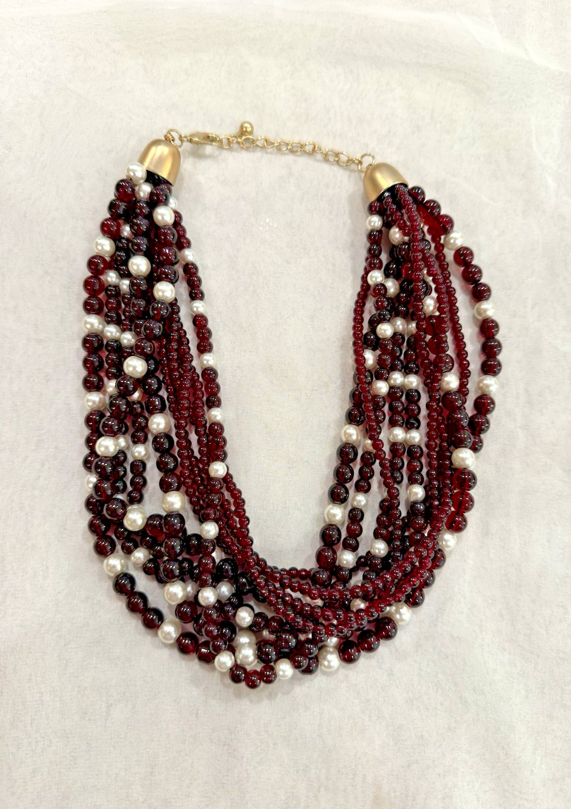 Vintage Multi-Strand Ruby Red Beaded Necklace with Faux Pearl Accents