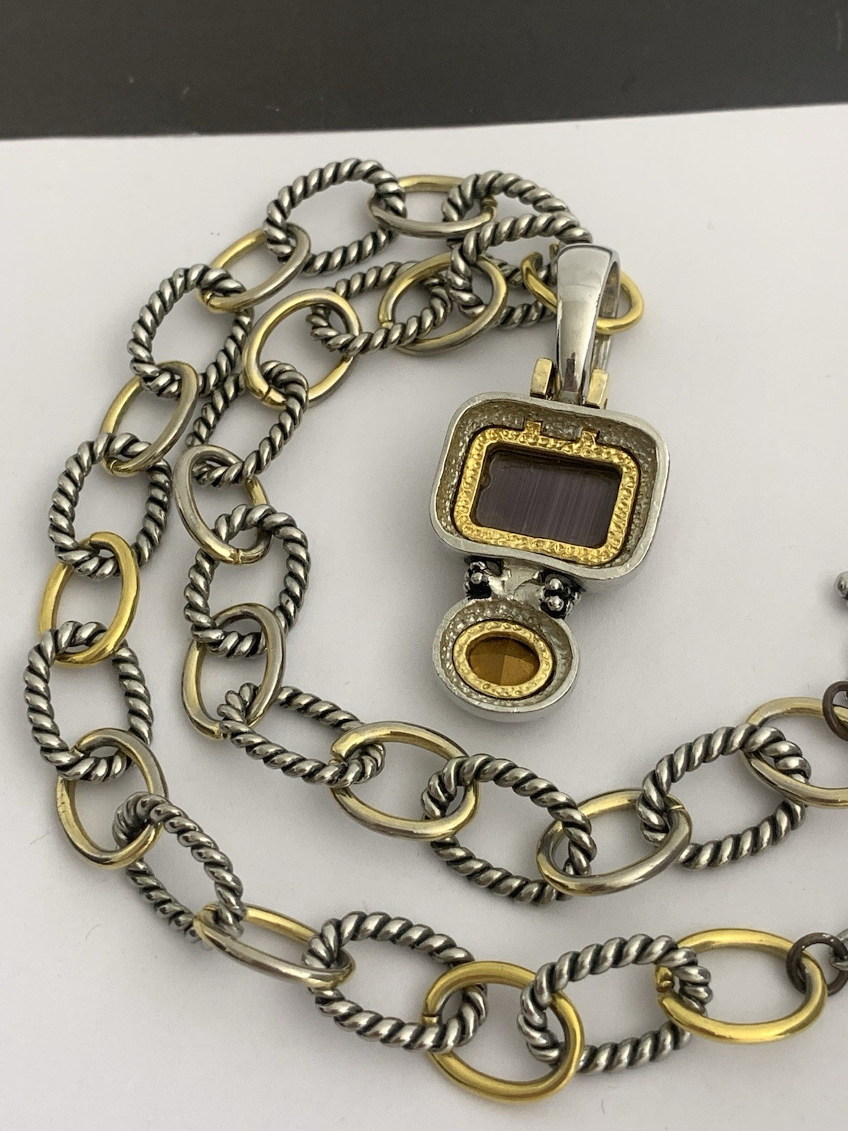 Vintage Silver and Gold Tone Cable Chunky Chain Necklace w/ Purple Stone Pendant