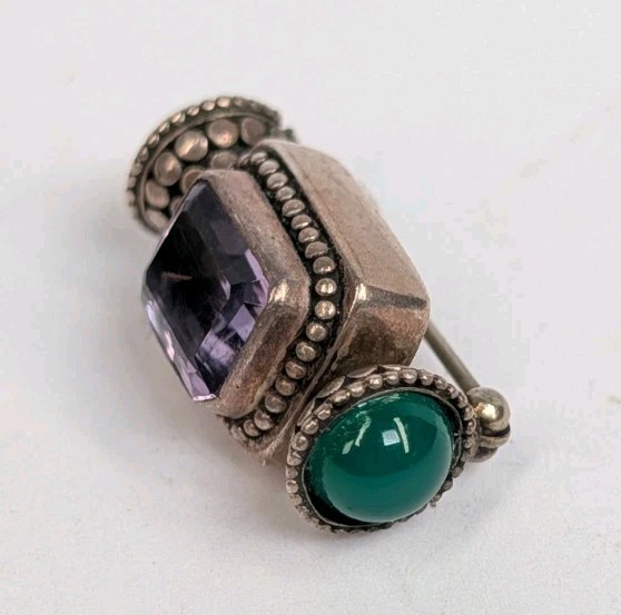 Vintage Sterling Silver 925 Green Bloodstone Amethyst Tibetan Brooch / Pin