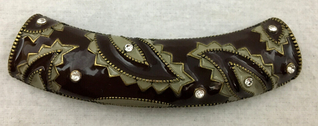 Brass Tube Slide Pendant Brown Tan Enamel Rhinestone Embossed 3 1/8″ X 3/4″