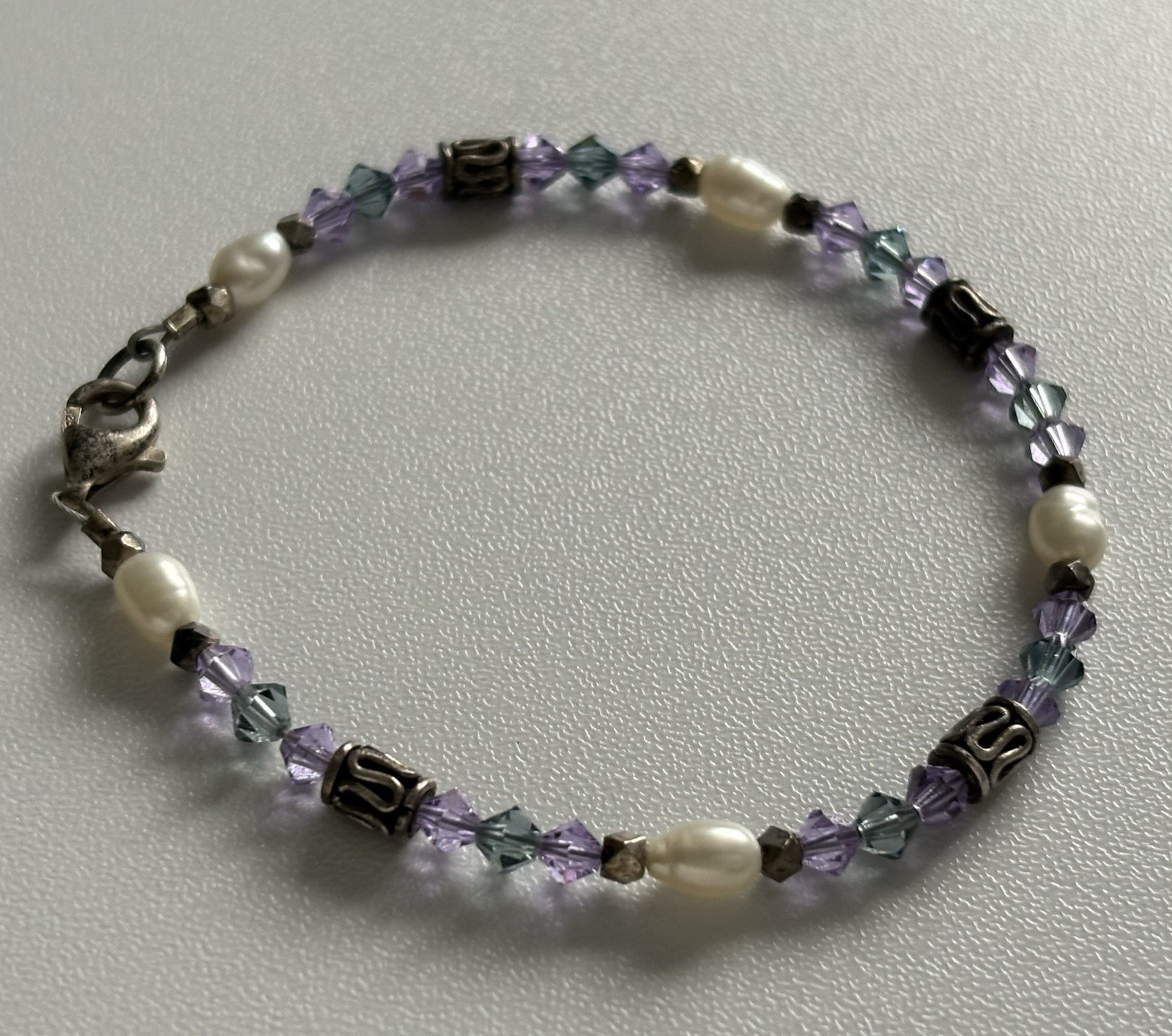 Vintage 925 Sterling Silver Teal and Purple Crystal, Pearl, Bead 7.25” Bracelet