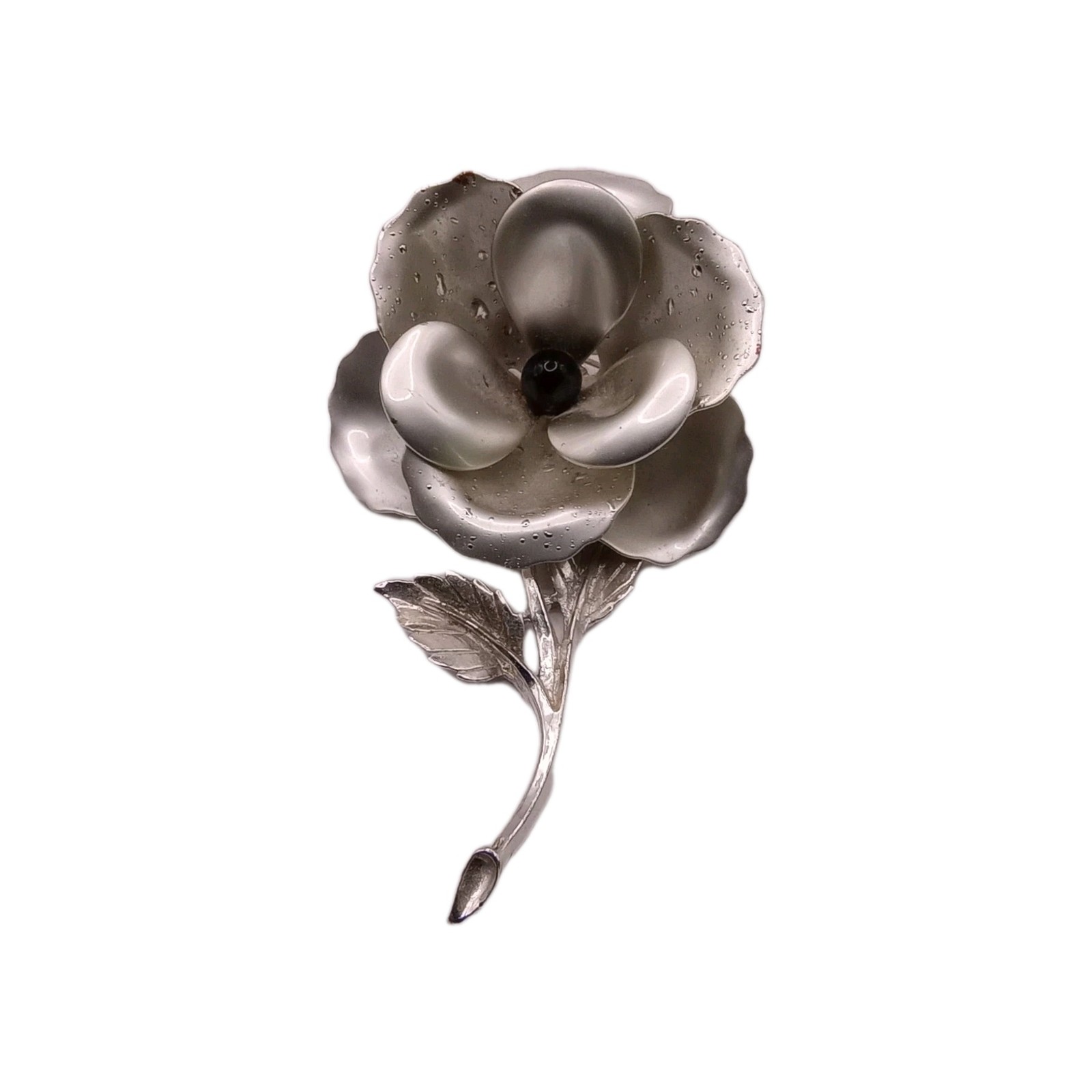 Vintage Lisner Silver Tone Flower Brooch Textured Black Bead Pin 3 1/2 by 2 1/2