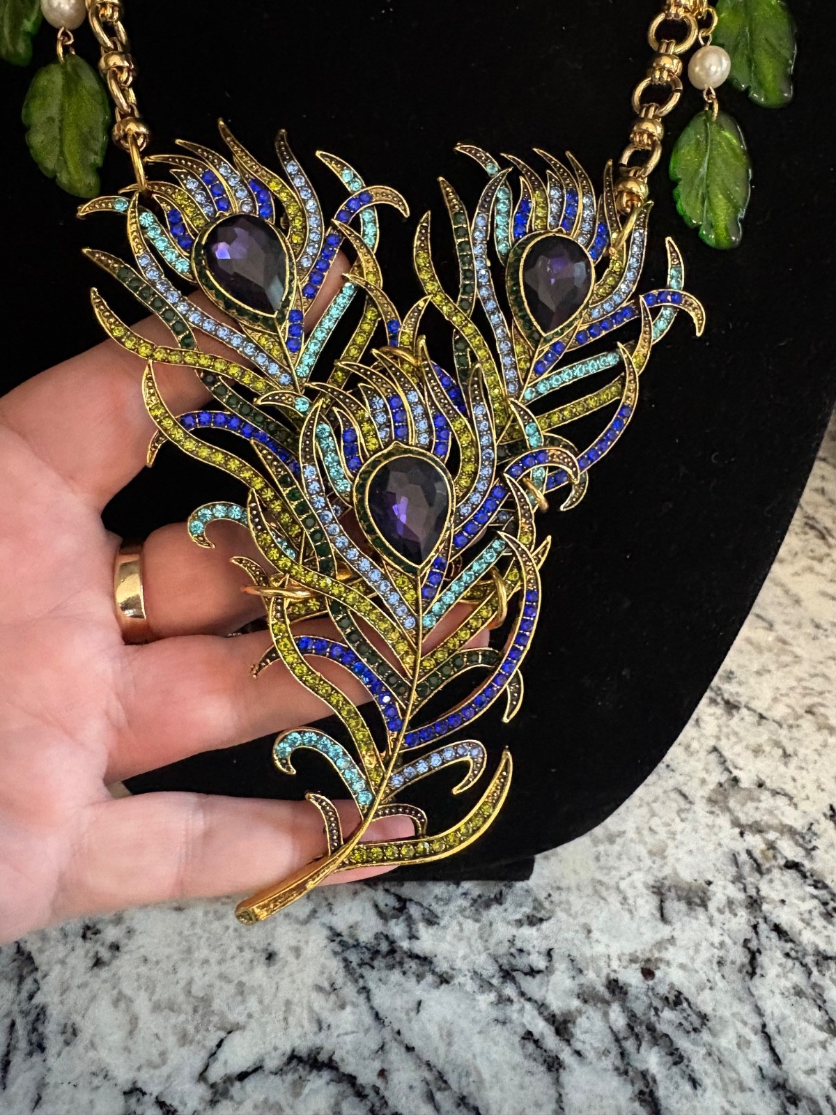 Triple Rhinestone Peacock Feather Statement Necklace-Repurposed & 1 of a Kind!