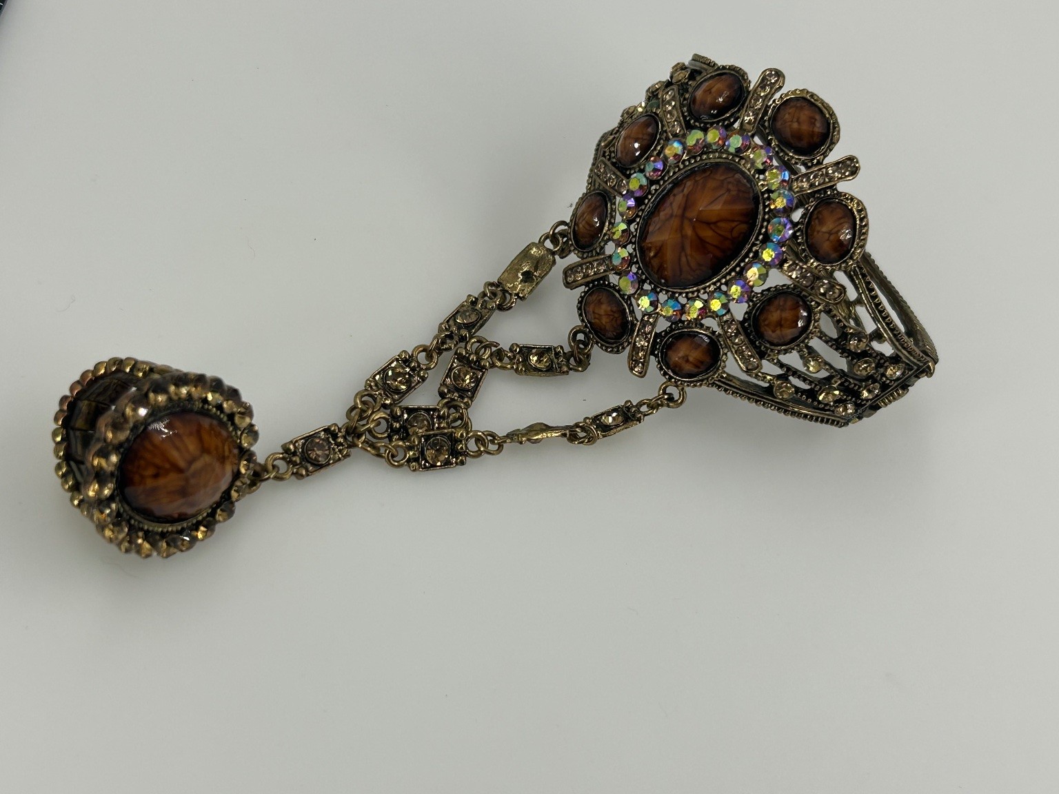 Vintage Slave Bracelet Cuff Ring Set Antiqued Gold Tone Faux Amber AB Crystals