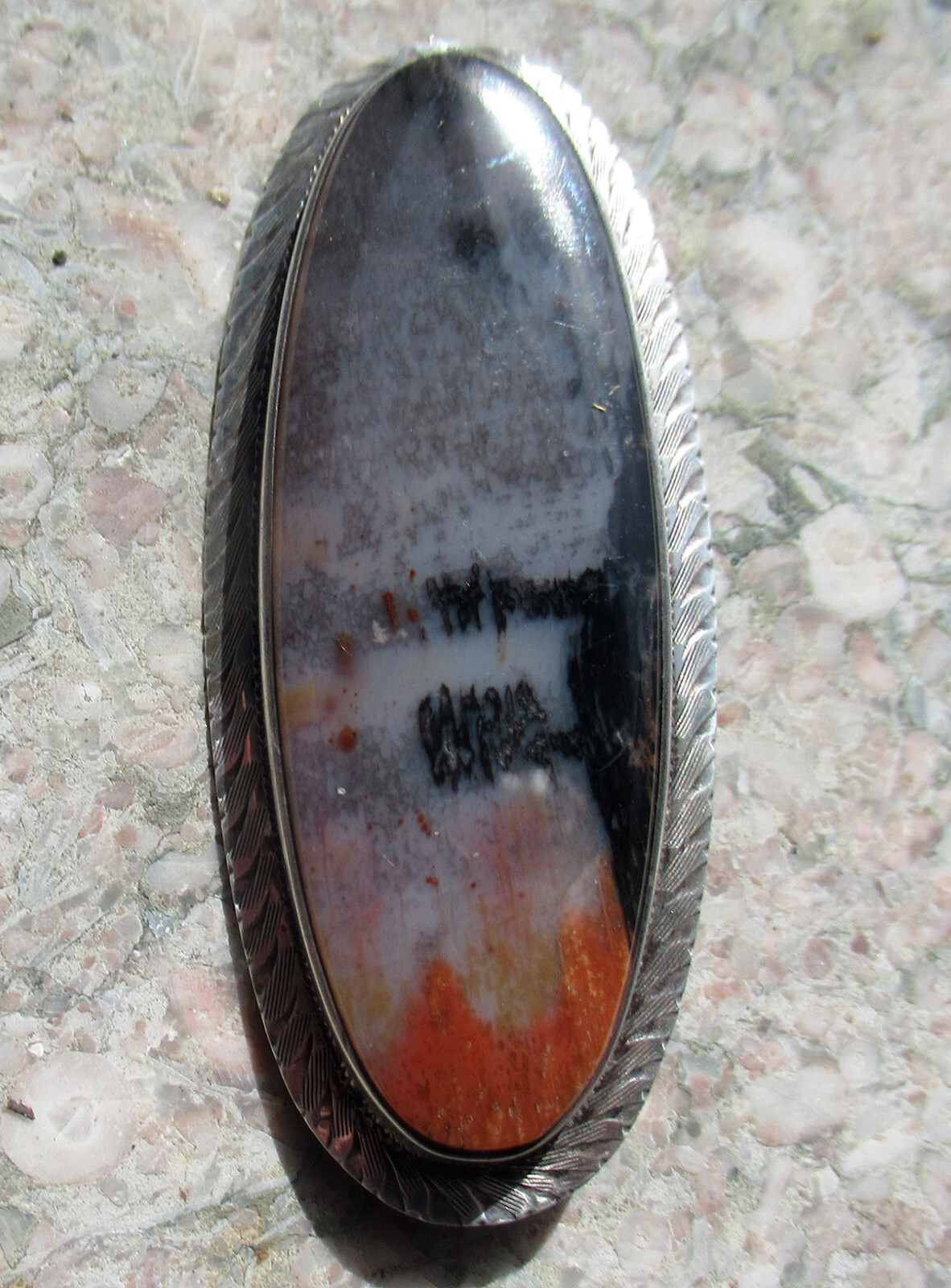 LARGE 2 3/8 INCHES NAVAJO STERLING PETRIFIED WOOD BROOCH PENDANT TOO