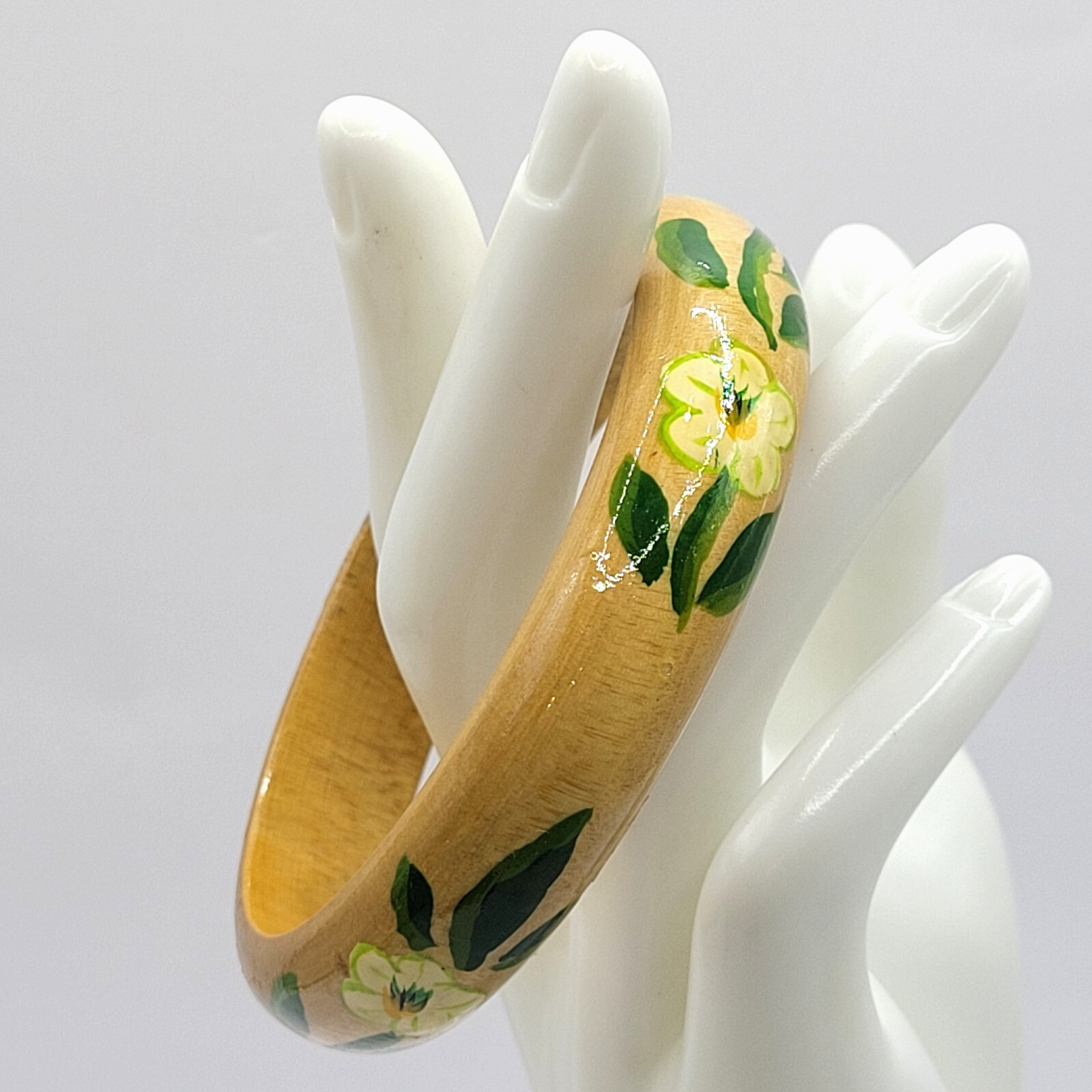 Wood Bangle Hand Painted Cream Flowers Green Leaves Lacquered Bangle Bracelet