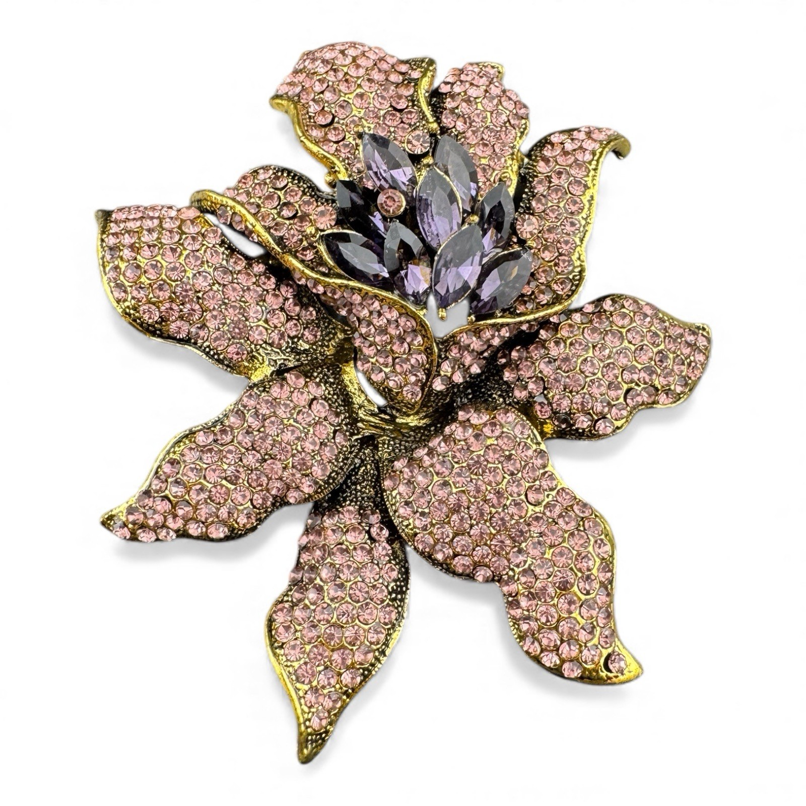 Stunning Gold Tone And Purple Orchid Statement Brooch