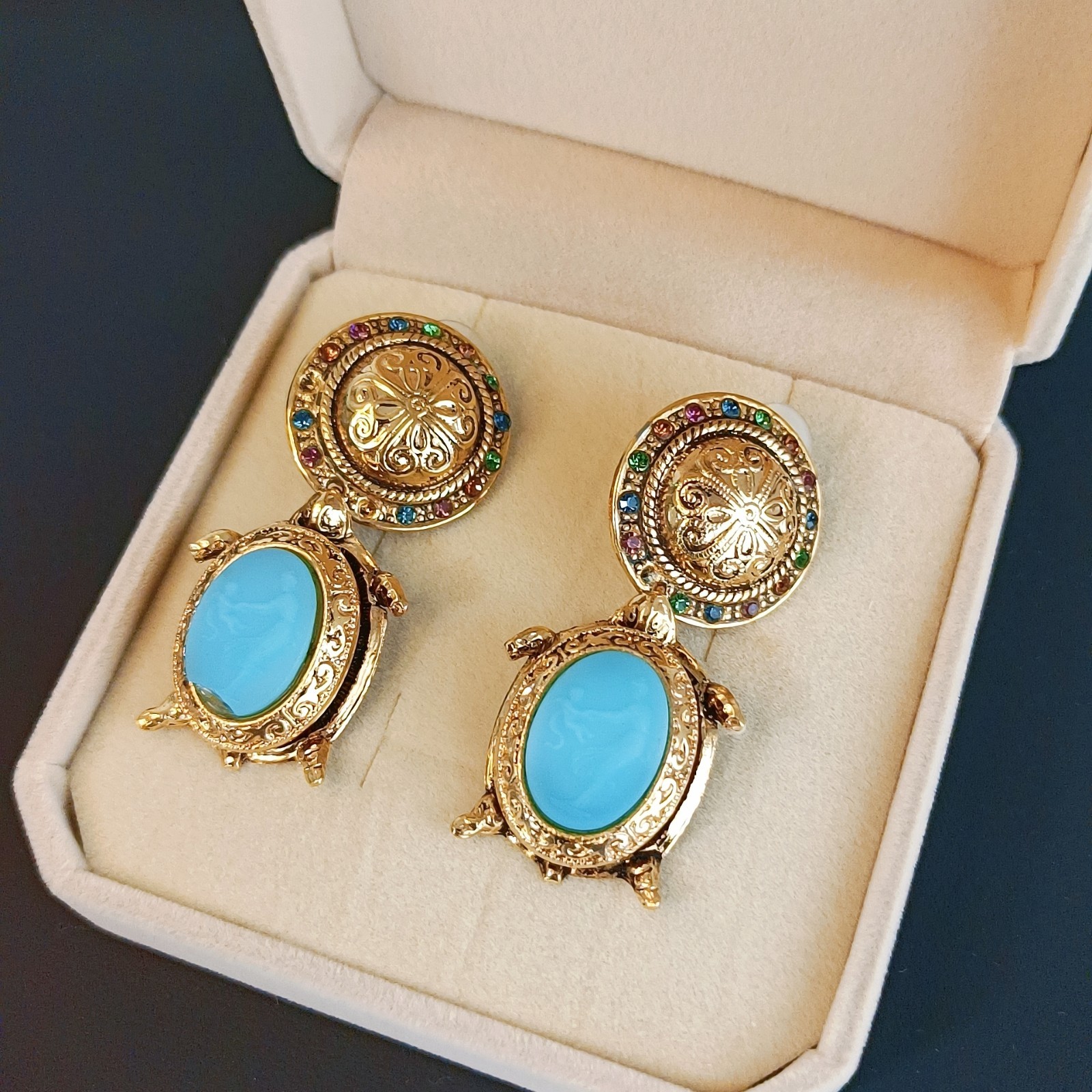 Vintage Zoe Coste Turtle Earrings France Blue Glass Rhinestone Gold Tone