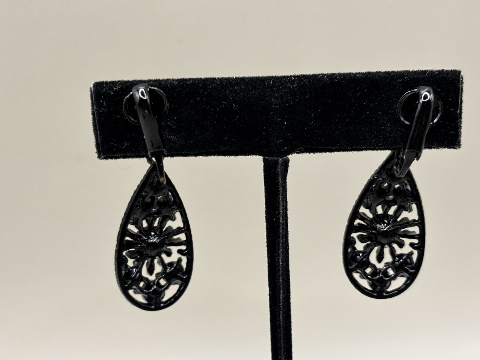 Teardrop & Paisley Blue & Green Rhinestones set in Black Earrings and Brooch
