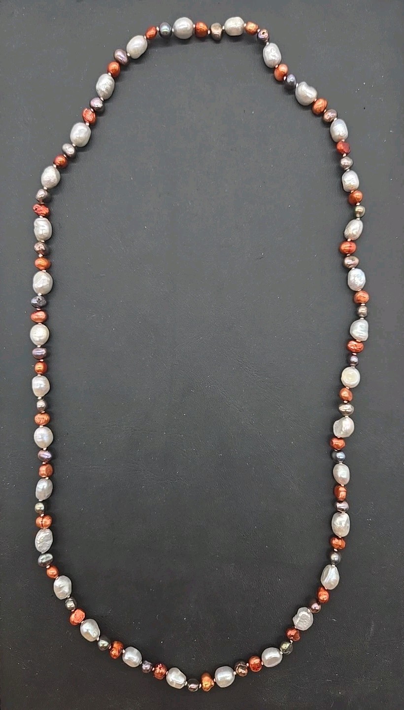 Vintage Multi Color Baroque Pearl Iridescent Shiny Statement Necklace Long 28”