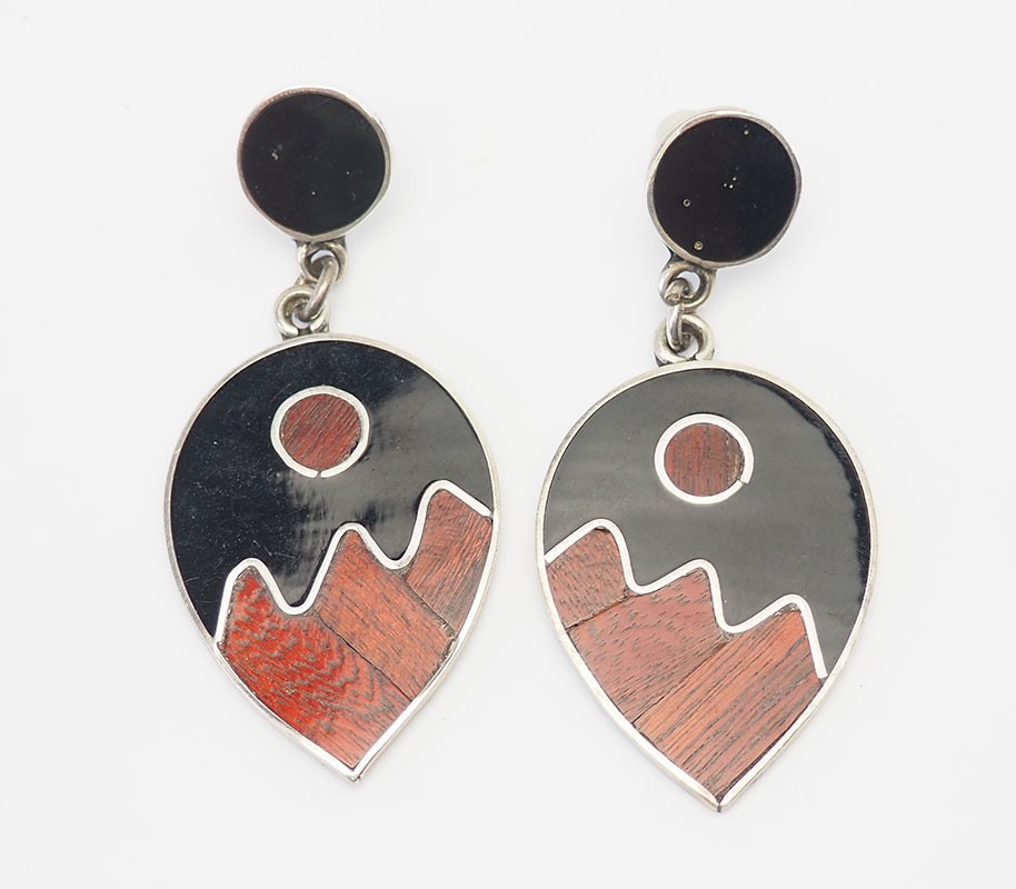 Modern vintage sterling silver inlaid wood black enamel earrings Forbes