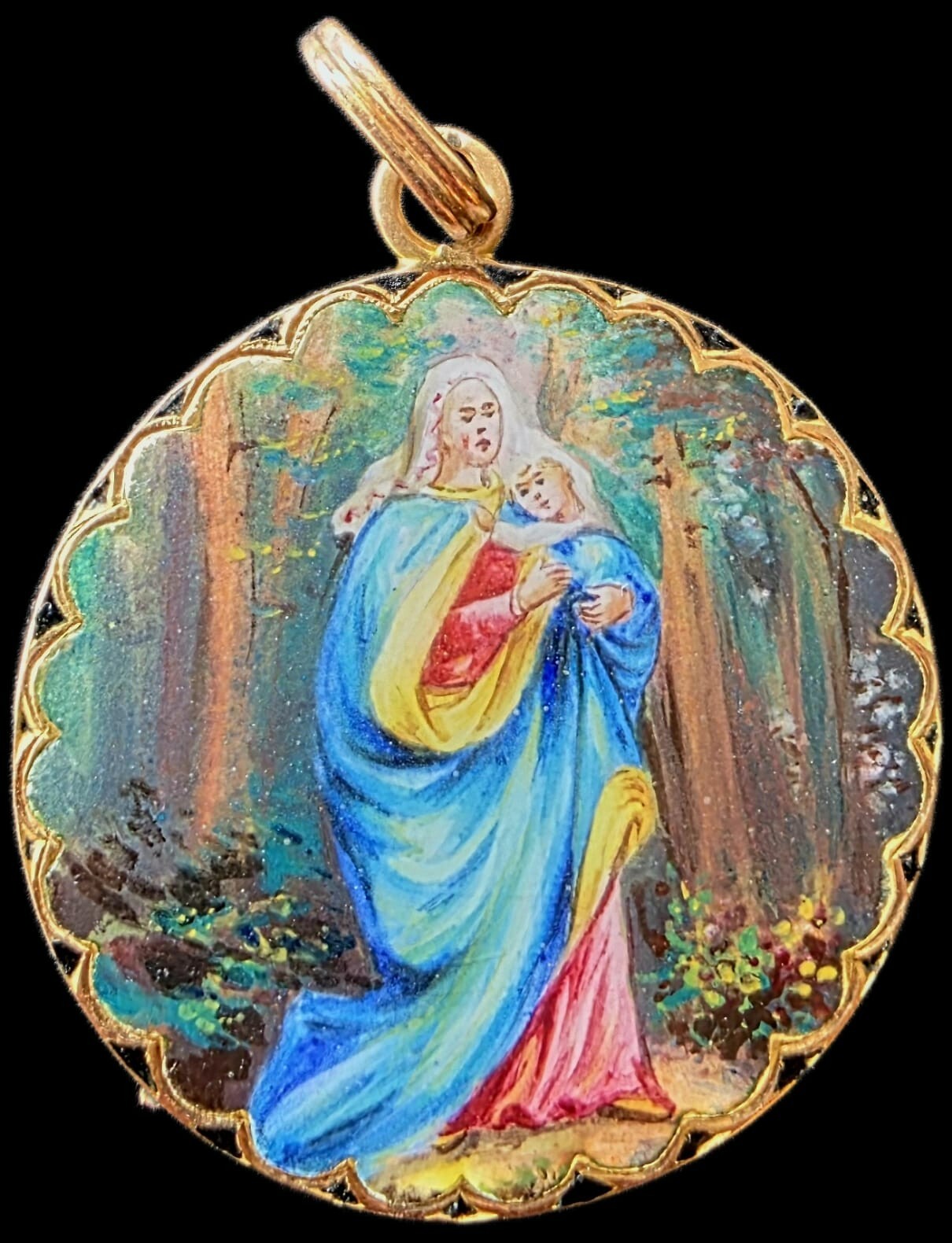 Fine Antique European Art Nouveau 18K Gold Enamel Madonna Medal Pendant Ca 1900