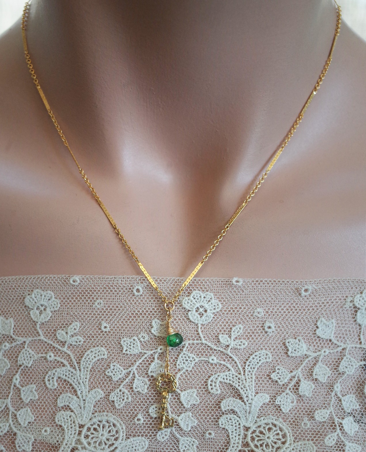 Emerald Green Crystal & Vermeil Key Necklace 14K Gold Filled Bar Link Chain