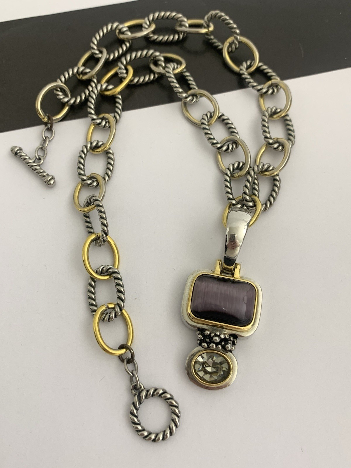 Vintage Silver and Gold Tone Cable Chunky Chain Necklace w/ Purple Stone Pendant