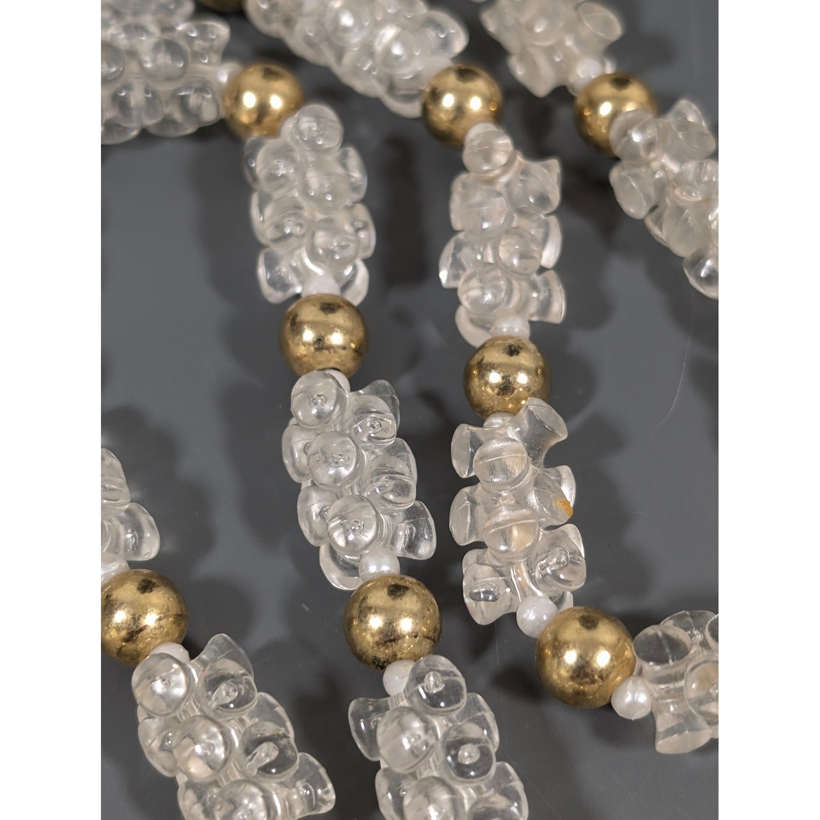 Vintage Lucite Popcorn Bead Necklace Clear Gold Tone Long 36″