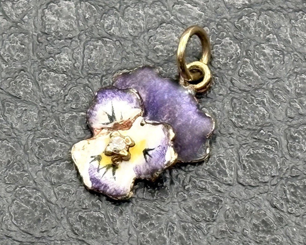 VTG 14K Gold Purple Enamel Pansy Violet Flower Diamond Antique Pendant Or Charm
