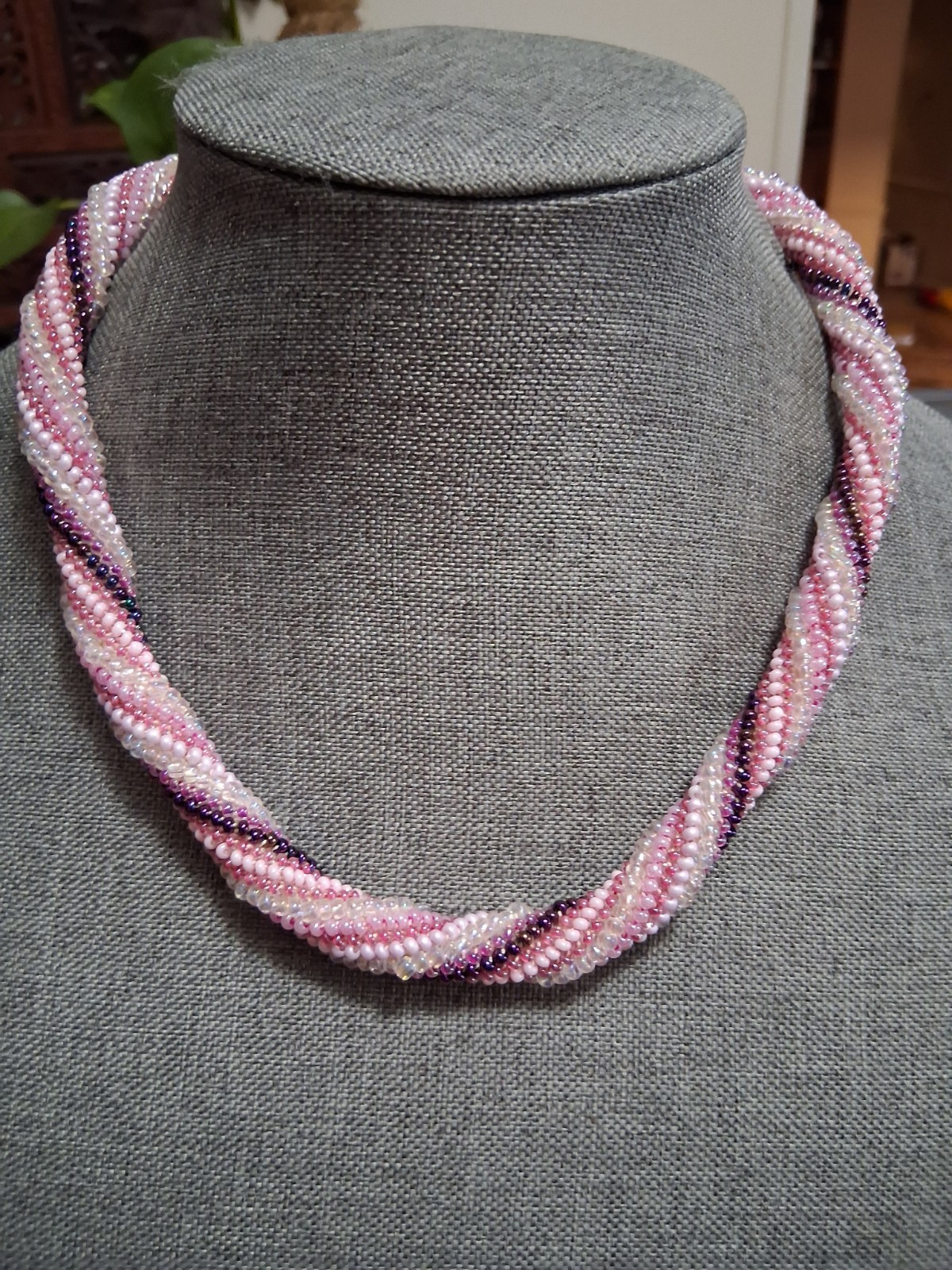 Twisted torsade necklace, pink, purple, & white glass seed bead, rope style