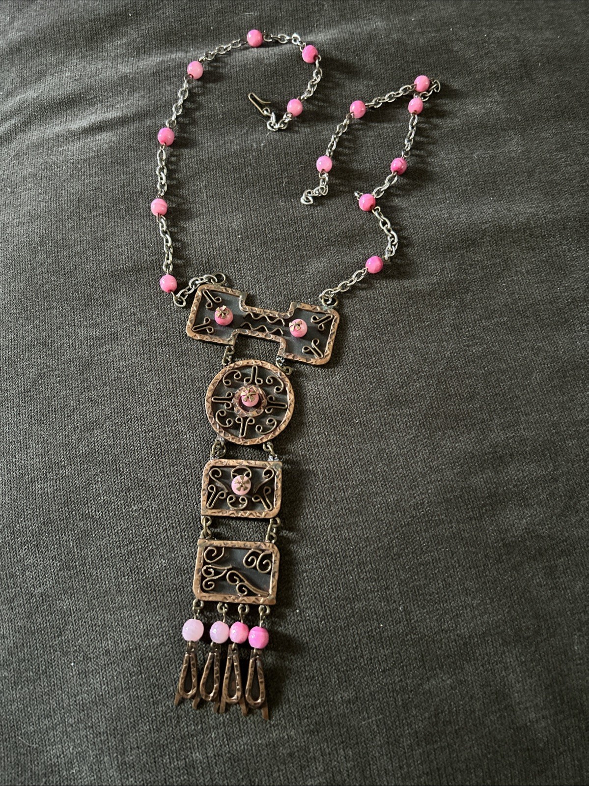 Vintage Casa Maya Mexico Necklace Copper Brass Pink Color Beads —