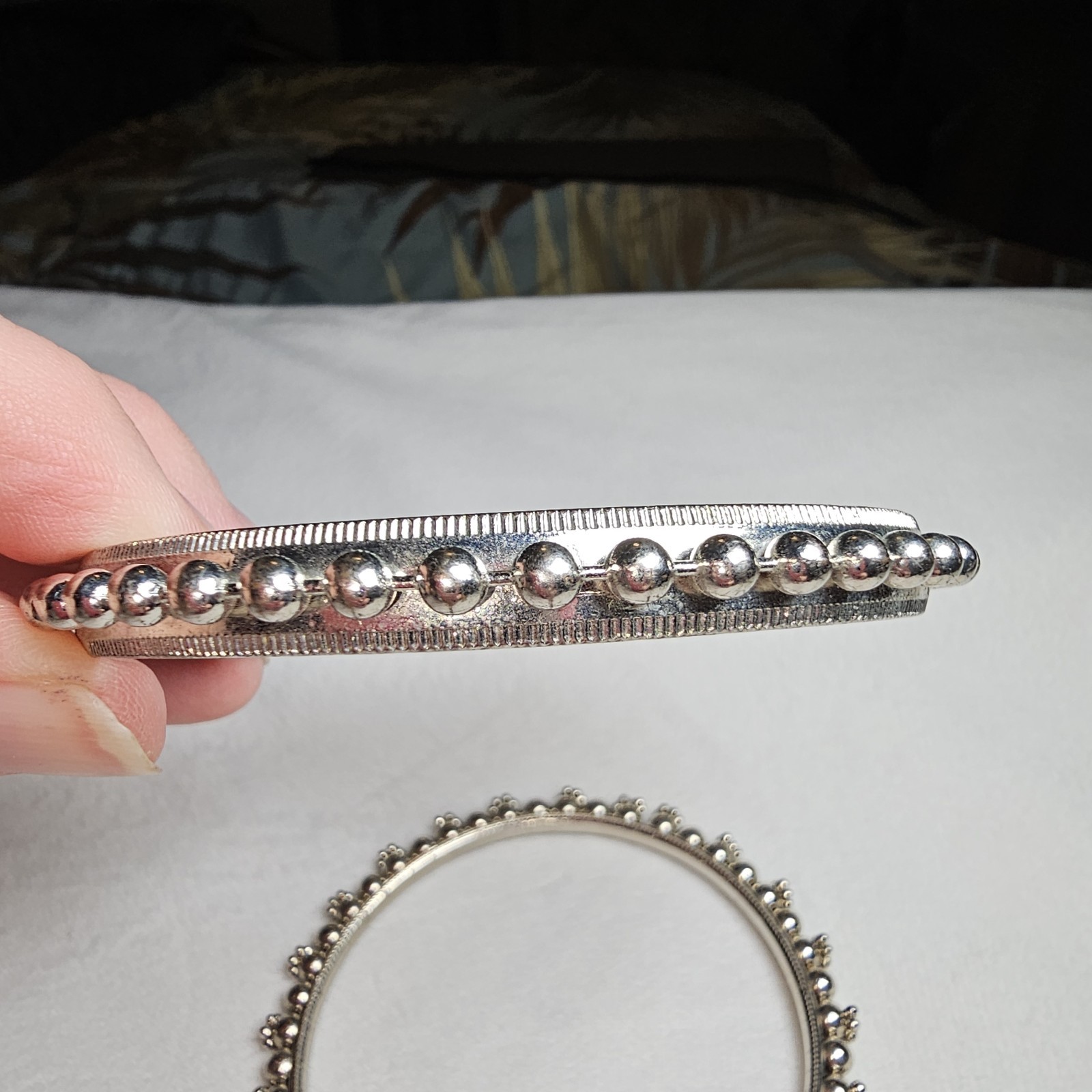 SET OF 3 Vintage Rajasthani Style BANGLE BRACELET Beaded Tribal Silvertone 8.25″
