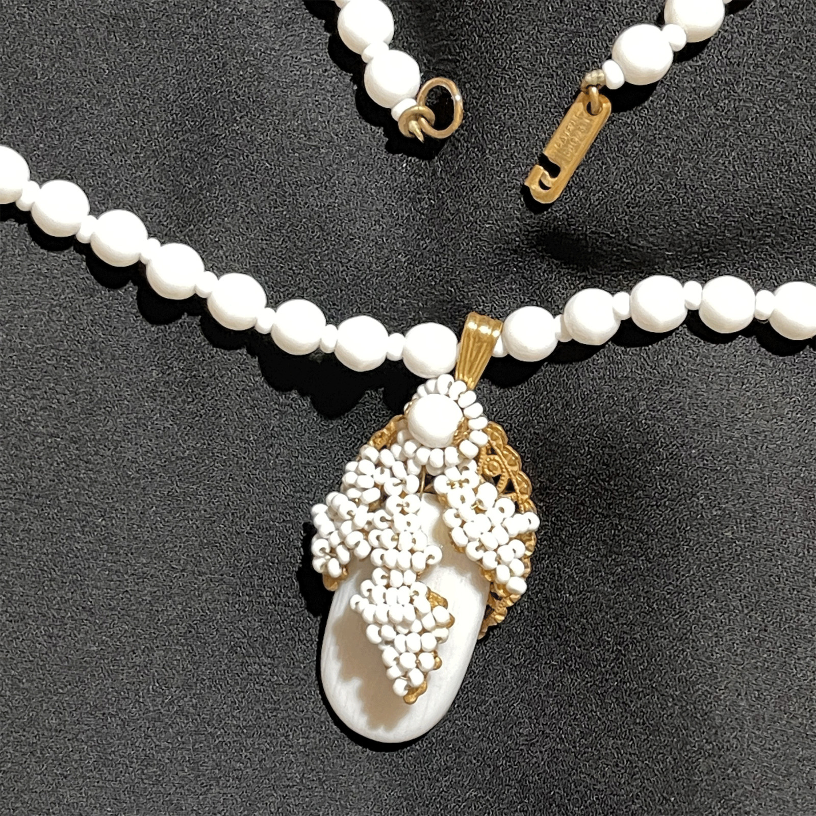 Vintage Mariam Haskell Milk Glass Bead Neck Signed Clasp / Pendant 20”