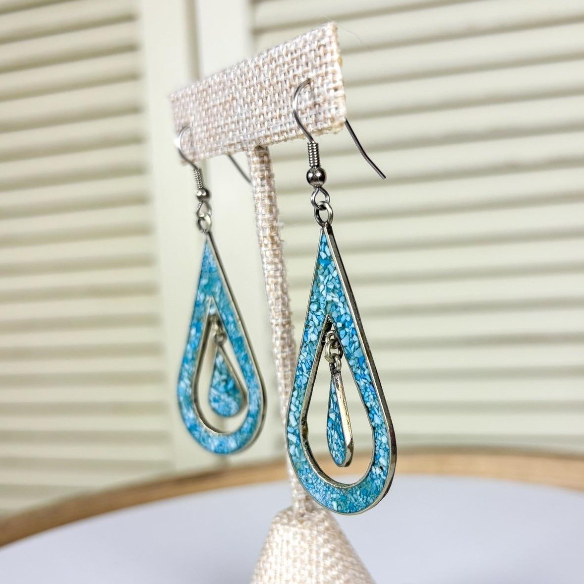 Artisan Vintage Turquoise Chip Inlay Silver Teardrop Earrings Southwestern Boho