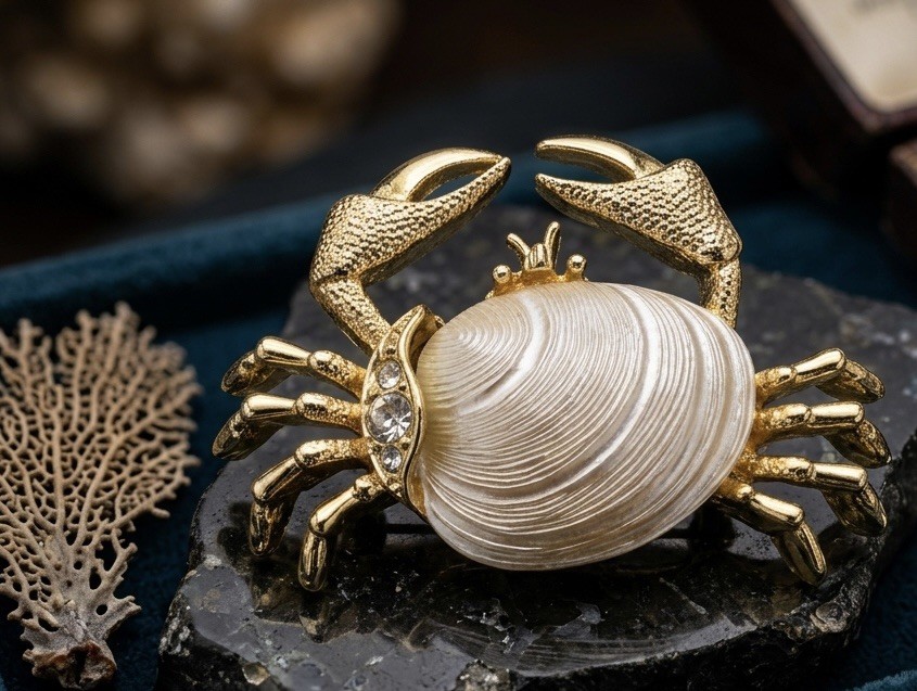 Vintage Gold Tone Crab Brooch Clam Shell Jelly Belly Pin Coastal Grandmacore