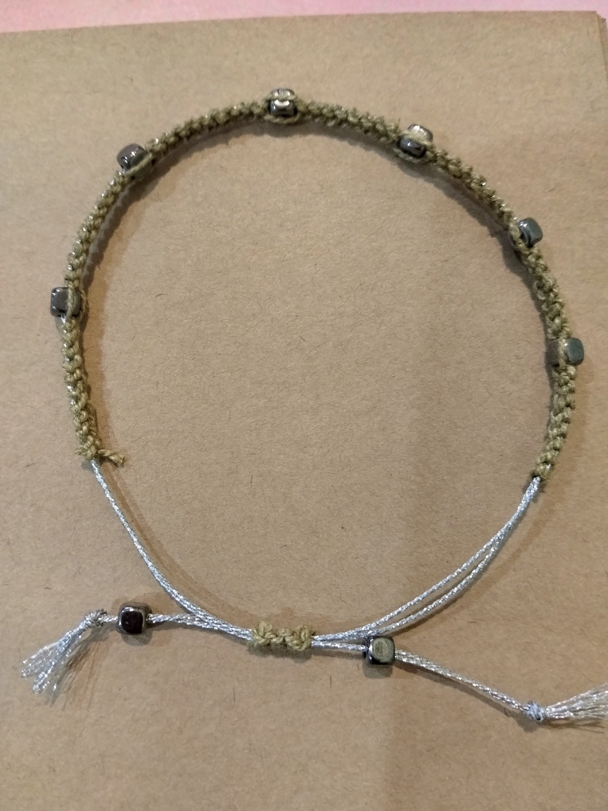 Adjustable Hemp Bracelet with Natural Cubic Sign with Silver Line- Boho Style
