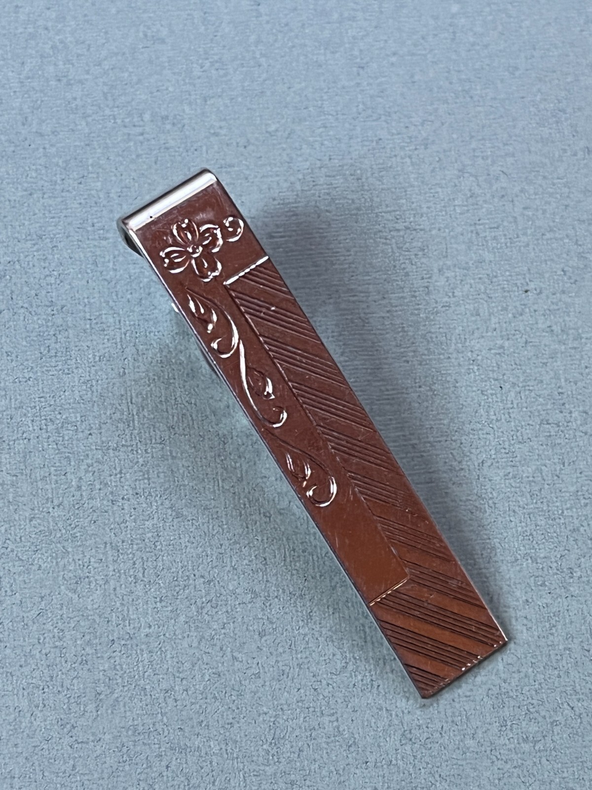 Vintage Etched Floral Silvertone Rectangle Tie Clip – 3/8th’s x 2 inches – GOOD