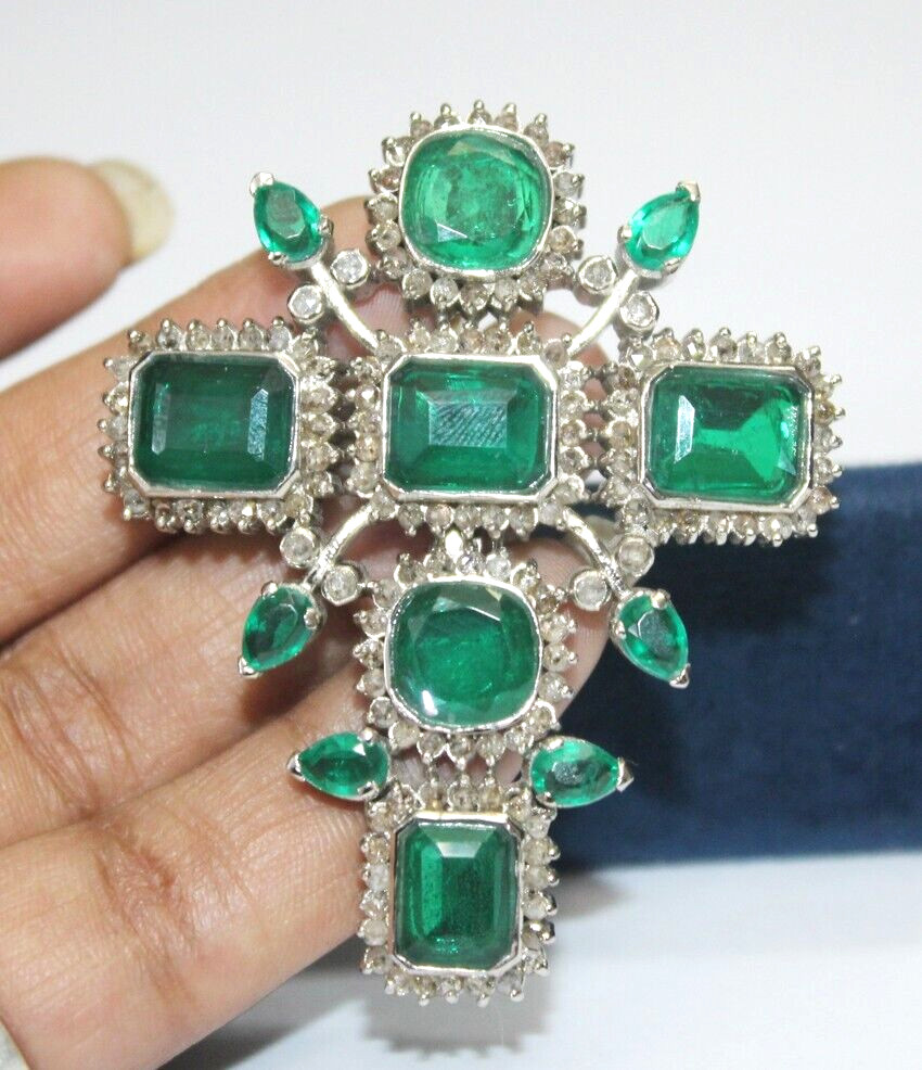 4.50ct Rose Cut Diamond Victorian 925 Sterling Silver Emerald Cross Pendant