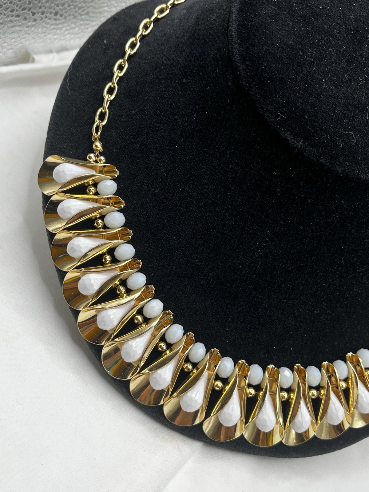 Miriam Haskell Faceted White Beaded Fluted Gold Tone Statement Collar Necklace
