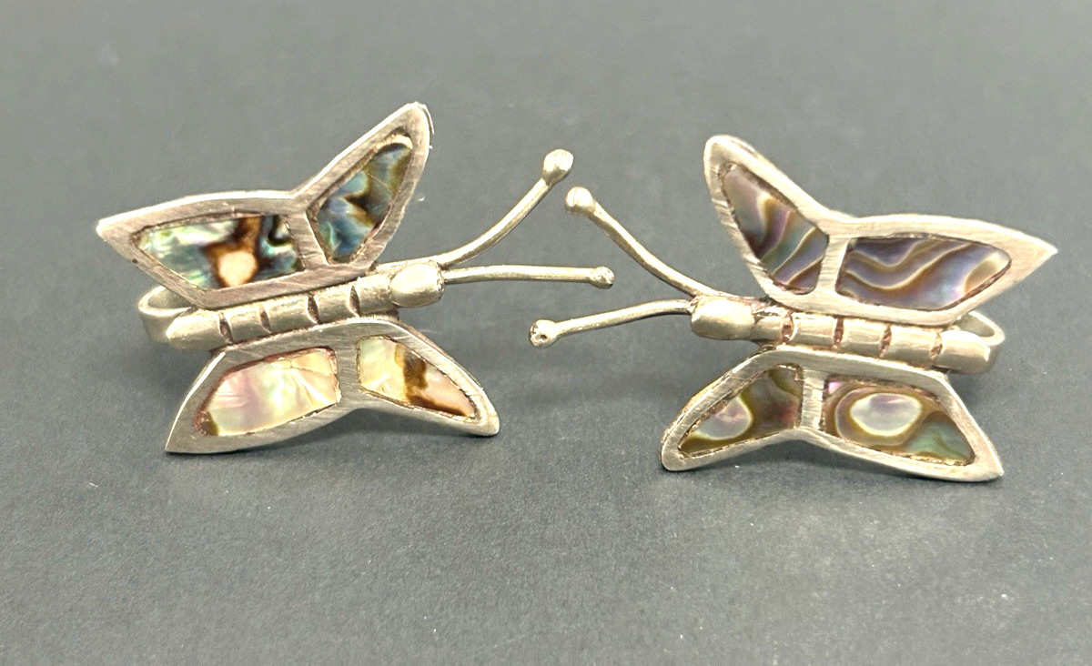 Vintage Mexico 925 Sterling Silver Abalone Butterfly Screw Back Earrings