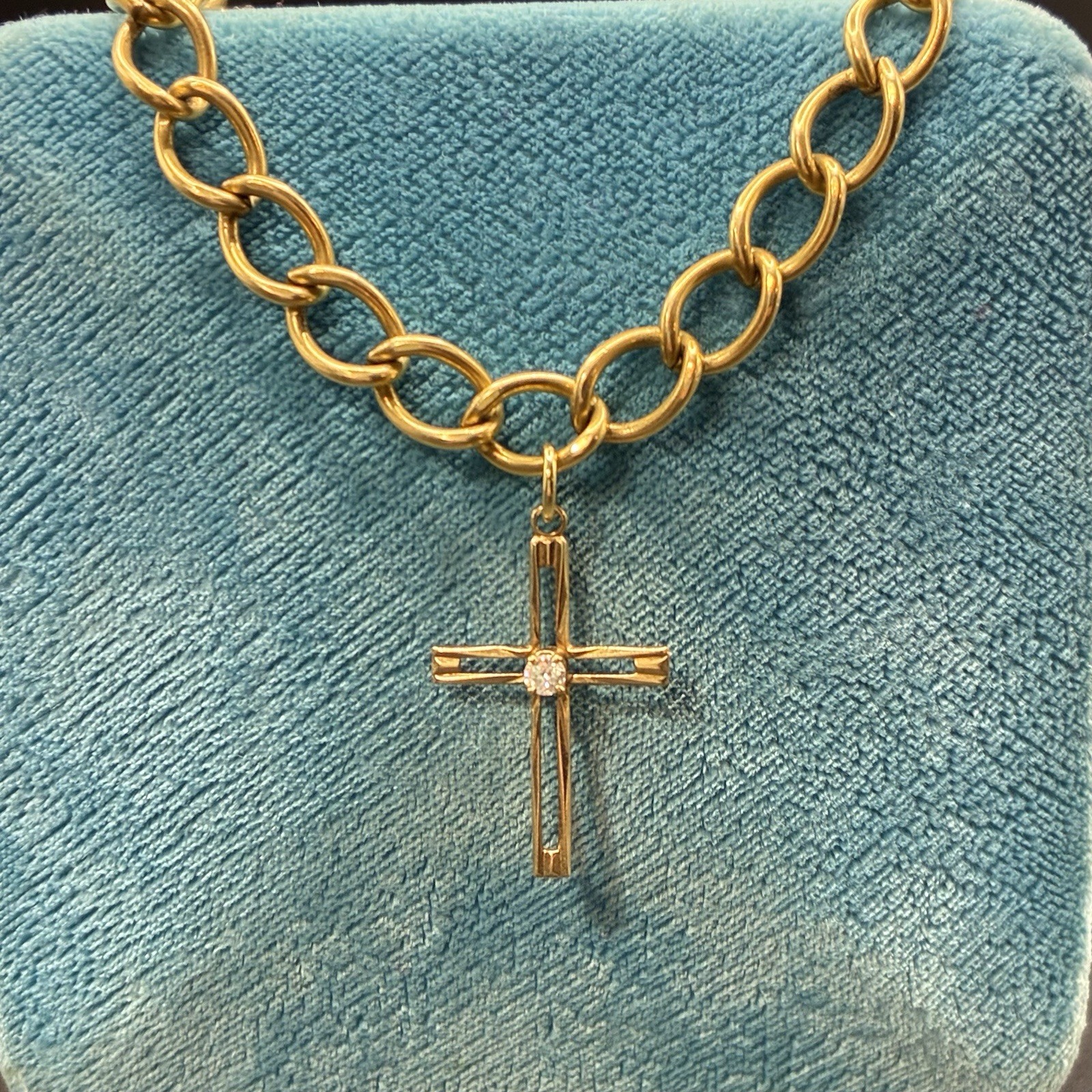 Vintage Estate 12k Gold Filled Starter Charm Bracelet + GF Cross Charm, 8” long