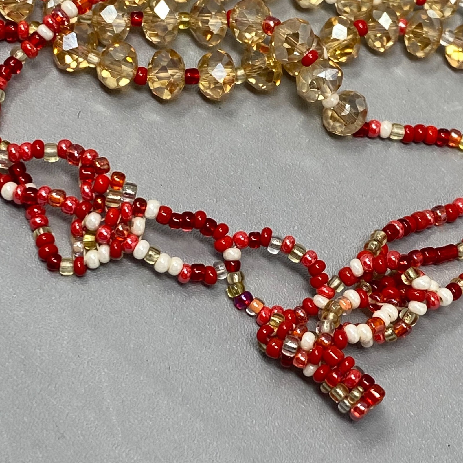 Artisan Seed Bead Bracelet Multi Strand Red Cream Faceted Button Hook Clasp 7.25