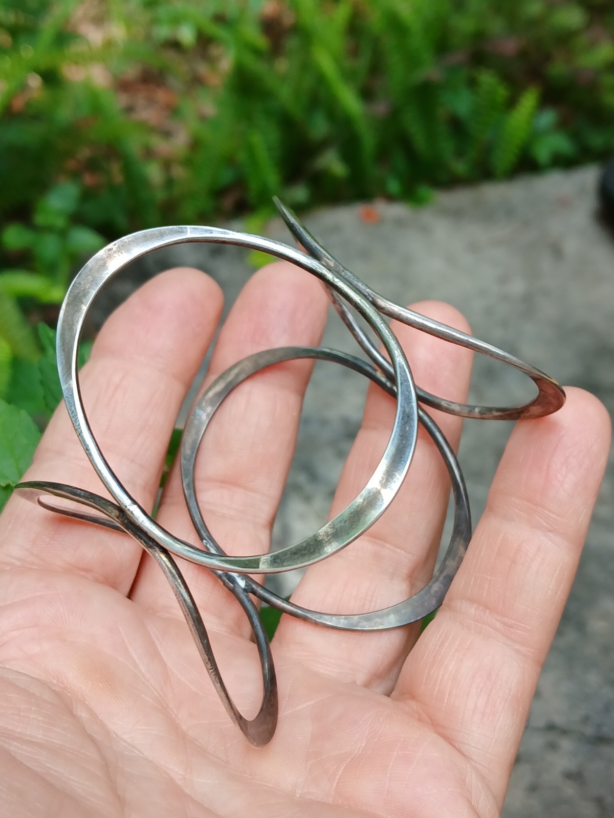 Vintage Geometric Ovals Sterling Silver Bangle Bracelet Modernist Design Art
