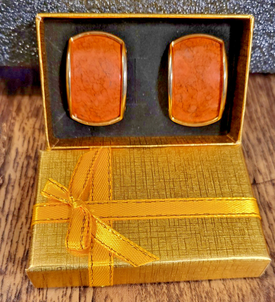 Vintage Gold Tone Orange Bold Rectangular Design Post Earrings