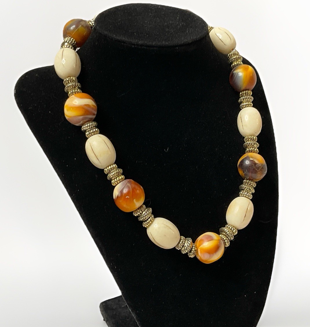 Vintage Chunky Beaded Necklace Resin Faux Amber & Faux Bone Boho Tribal 17-18”