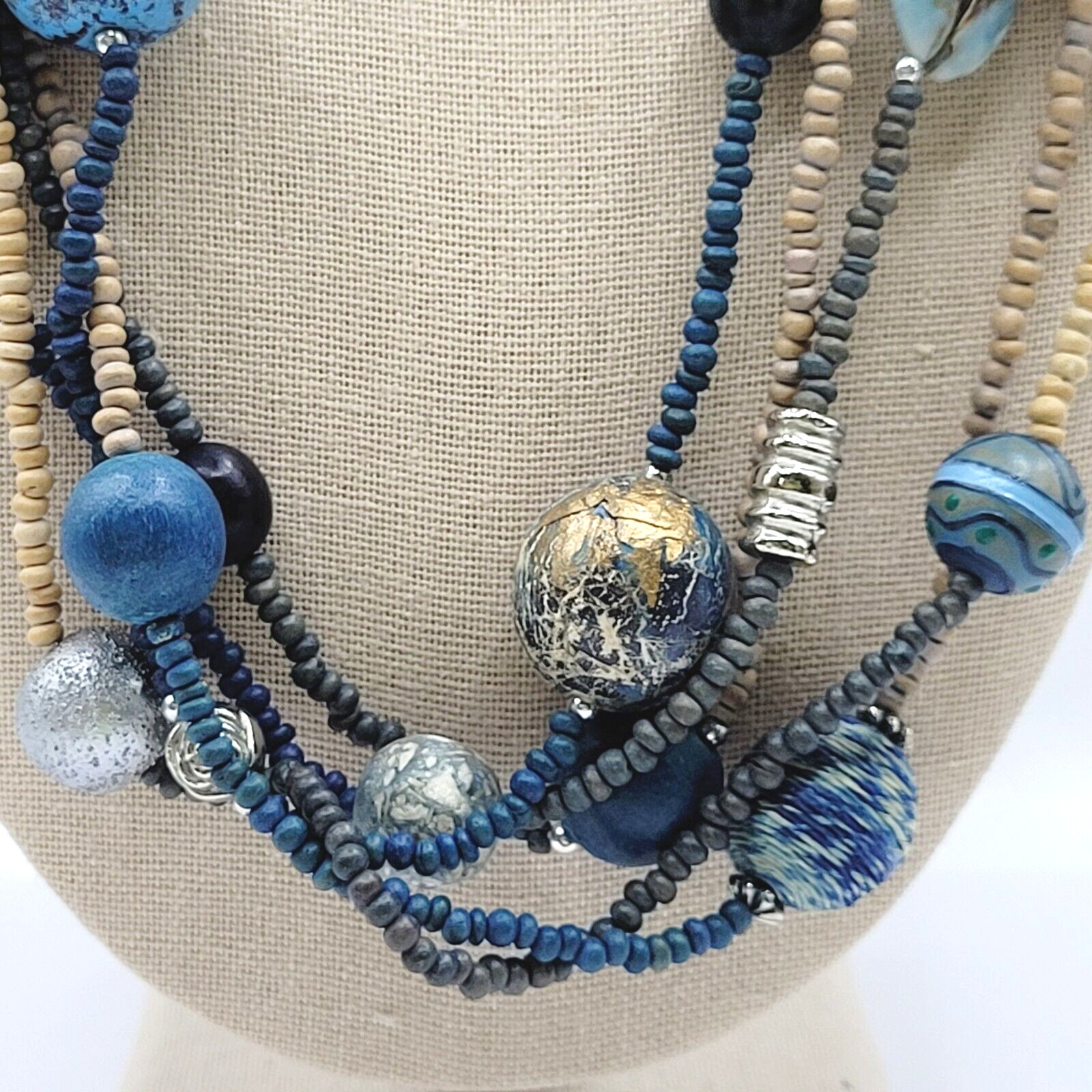 Peacock Blues Silver Tone Multi Strand Unique Bead Styles Vintage Necklace 24 In