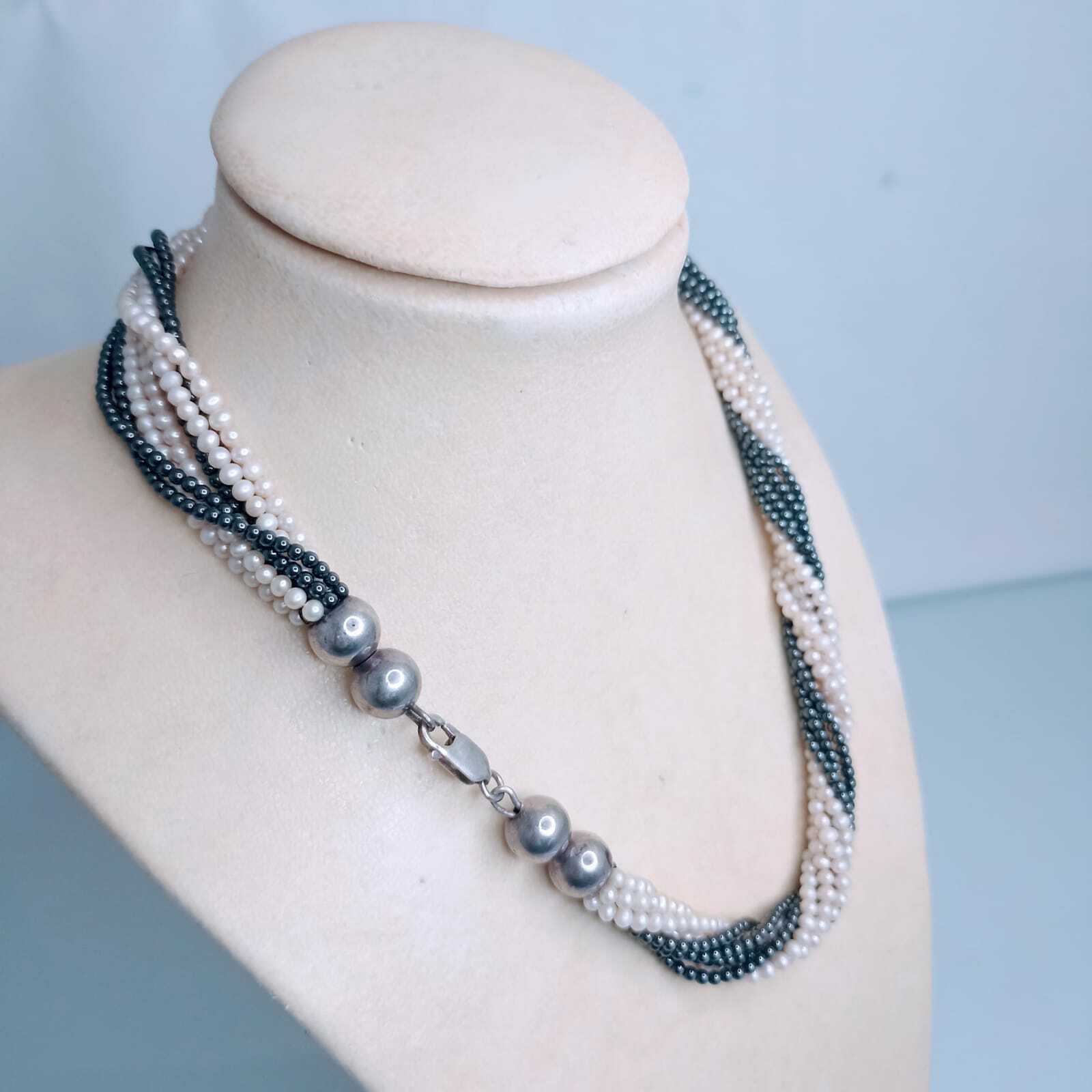 Vintage Pearl and Gray Hematite 8 Stranded Necklace with Sterling Silver Clasp