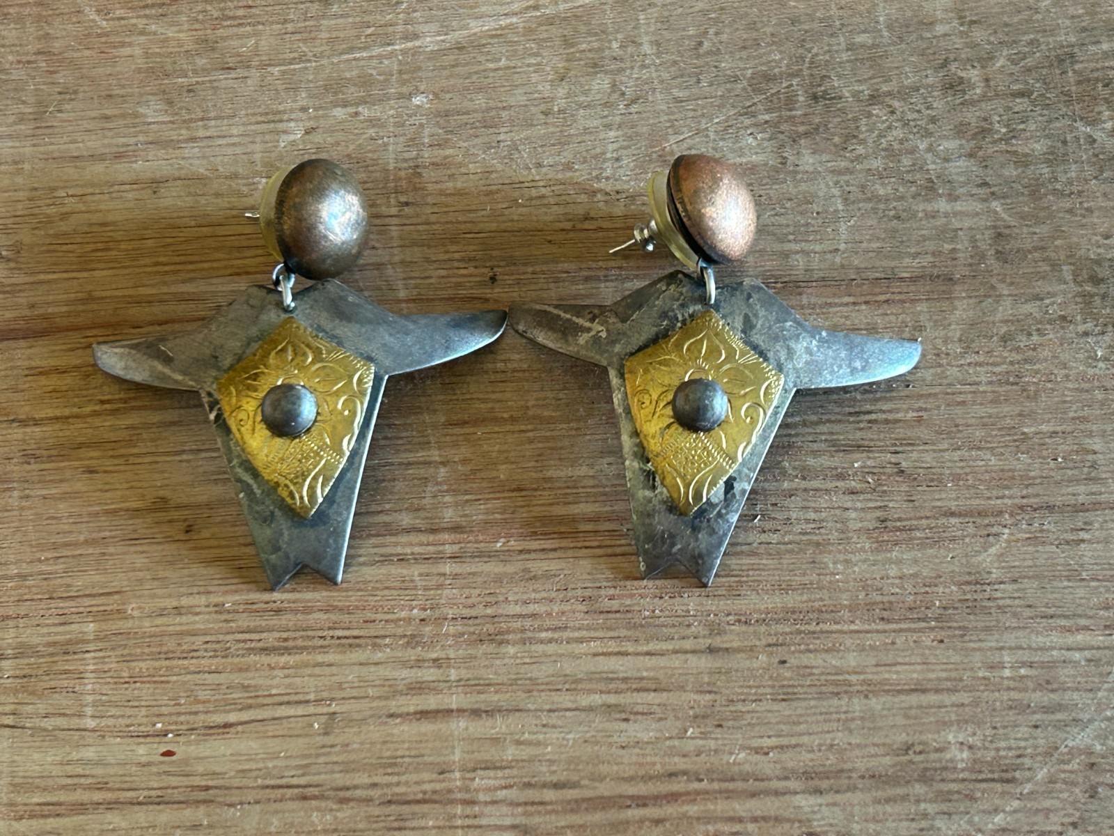 Modernist Earrings Mixed Metal Upper Torso Head Open Arms Vtg Pair Amazing