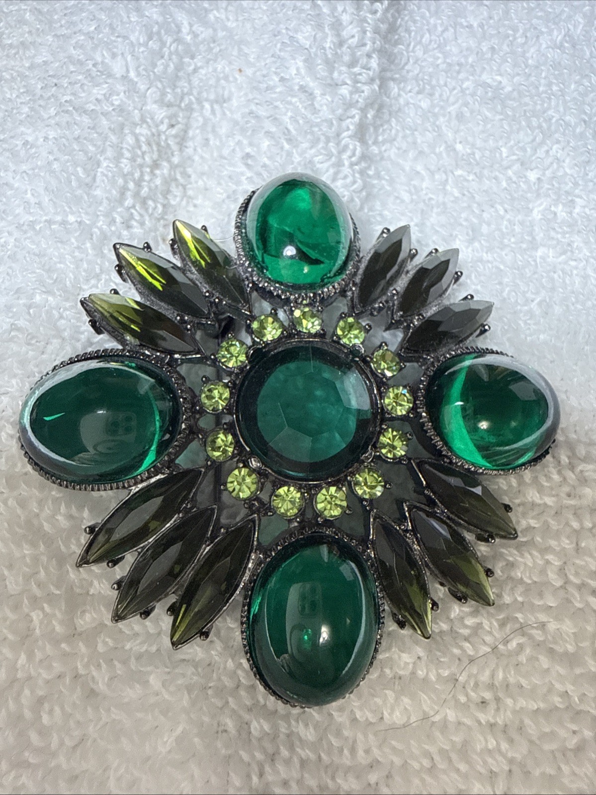 Vintage Emerald And Lime Green Floral Art Brooch With Silver Tone Back