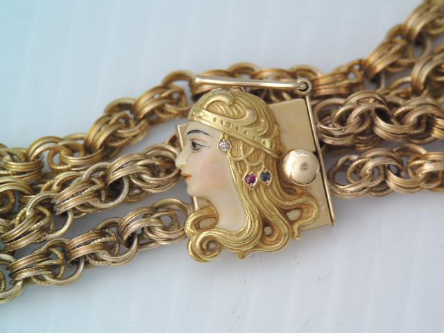 RARE ART NOUVEAU 14K GOLD ENAMEL JEWEL FACE DOUBLE CHAIN BRACELET 7 3/4 “