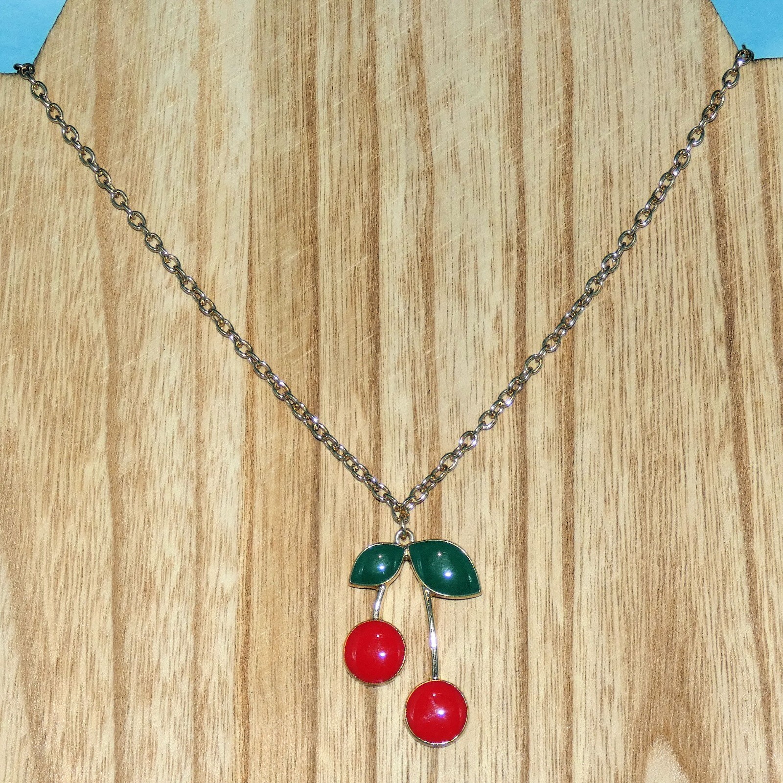 SUGARFIX Cherry Pendant Necklace Fruit Cherries Enamel Gold Tone Chain Signed