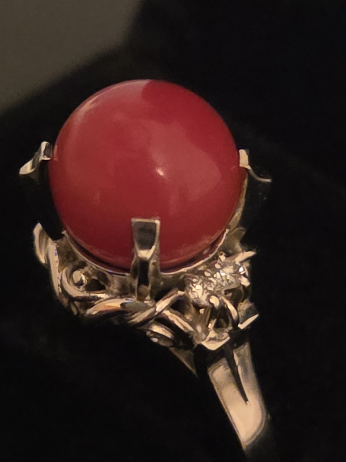 Antique 19th Century 900 Platinum Natural Coral & Diamonds Ring Sz 5-3/4