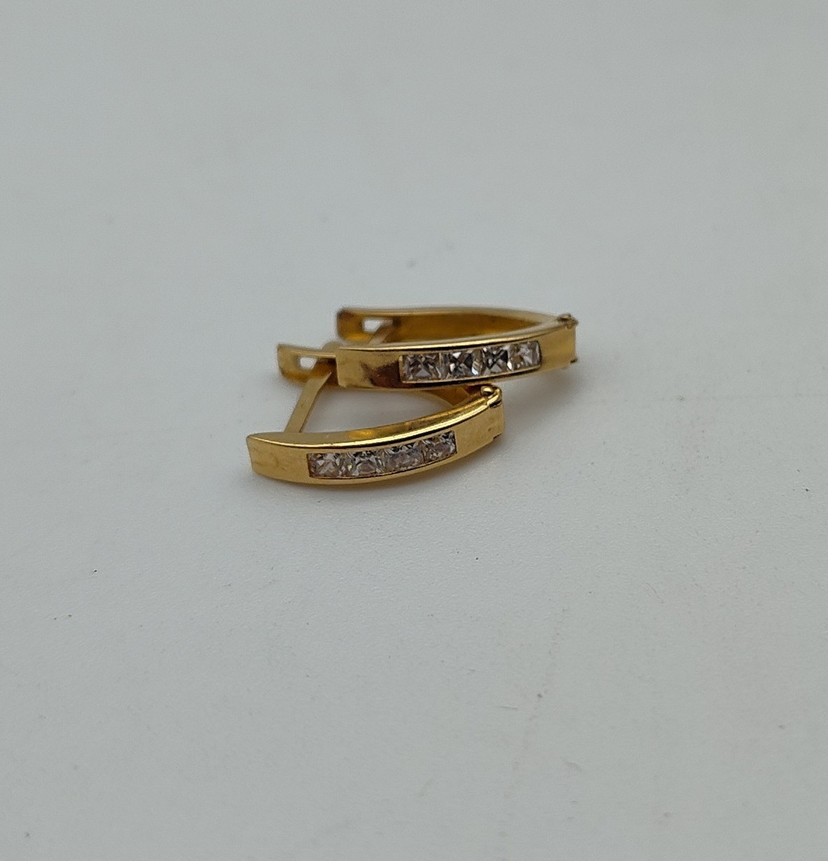 Vintage Hinge Hoop Clear Stone 14k Solid Yellow Gold Post Earrings Dangle Drop