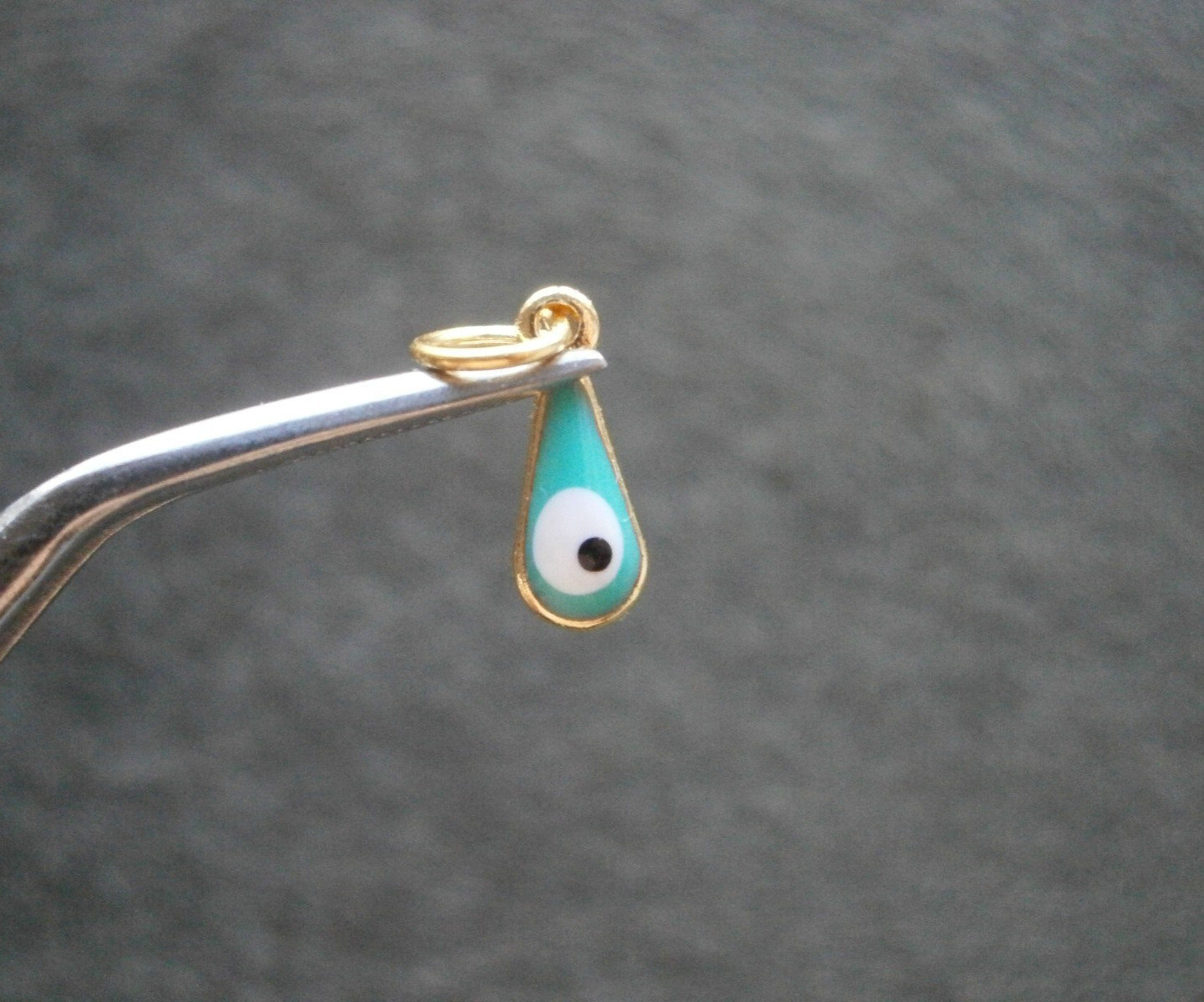 TINY Teal Green Evil Eye Amulet Vintage Goldtone & Glass Bead Charm Pendant