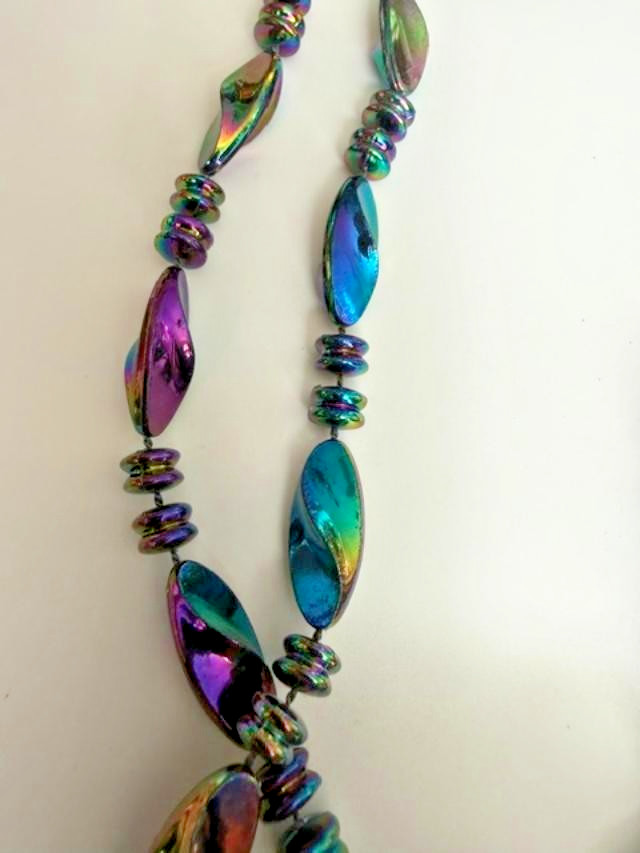 36″ Rainbow Iridescent Bead Necklace Long Costume Jewelry