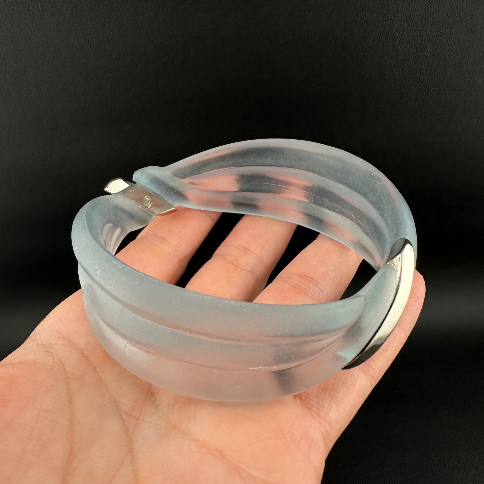 Vintage Lucite Bangle Bracelet Frosted Baby Blue Ribbed Dimensional Wave Signed