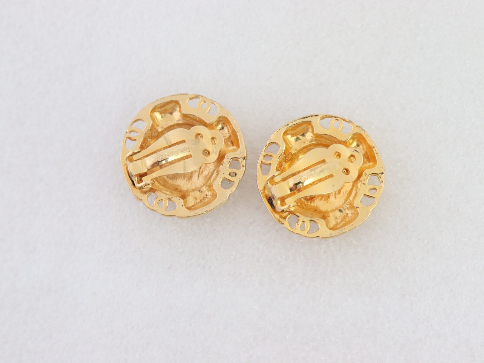 Vintage Gay Boyer Nautical Clip Earrings Round Dome Black Enamel Gold Tone