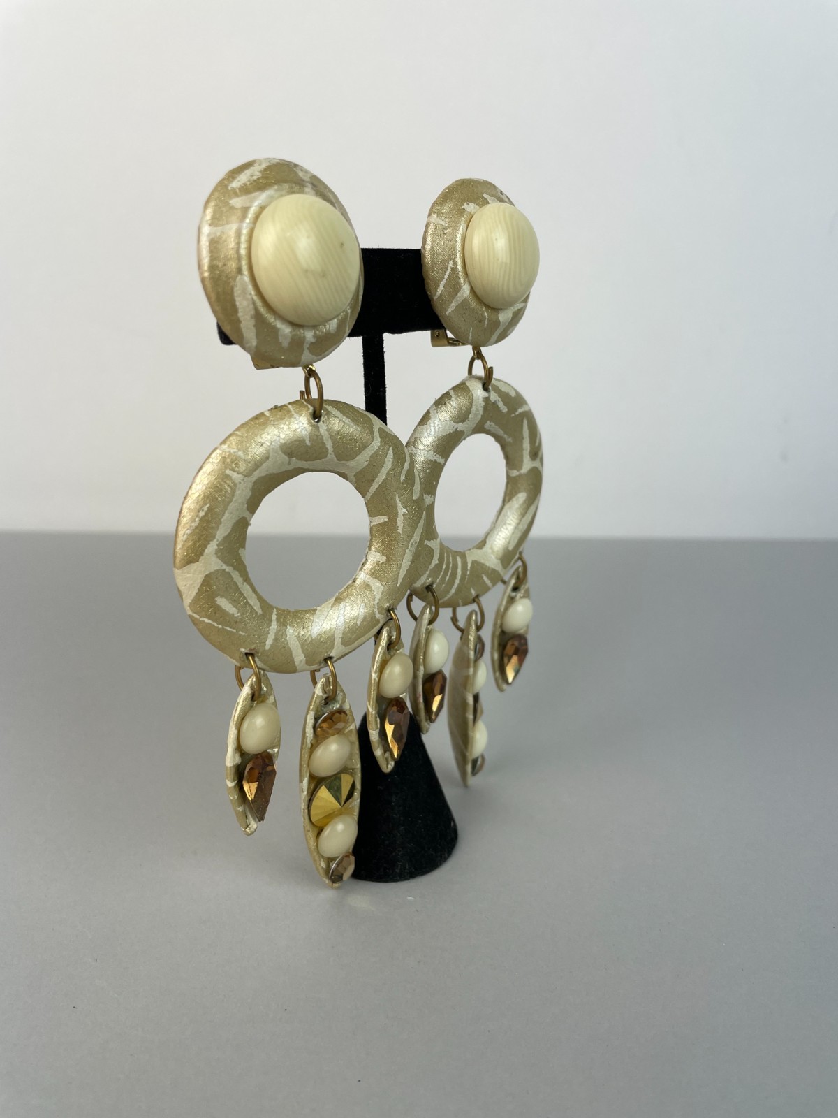Vintage 80s HUGE Leather and Rhinestone beaded Clip earrings STATEMENT 5″ X 1.8″
